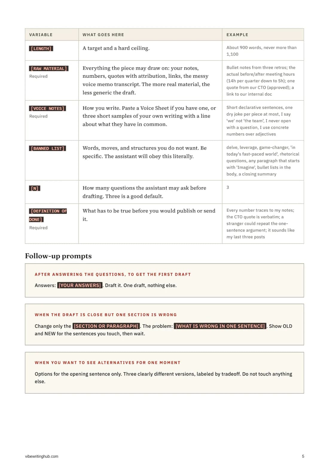 Page showing a variable sheet table and the start of the follow-up prompts
