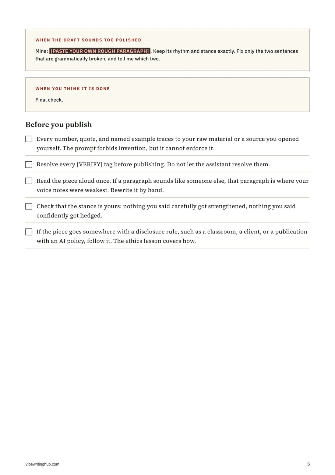 Page showing follow-up prompt panels and a checklist of review notes