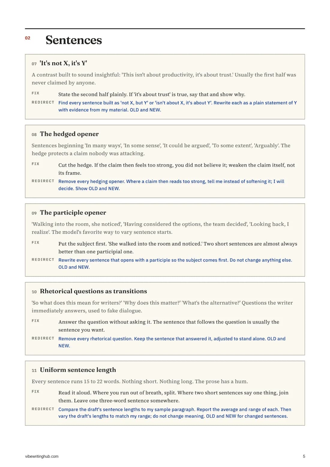 Page of numbered tells about sentences with fixes and redirect prompts