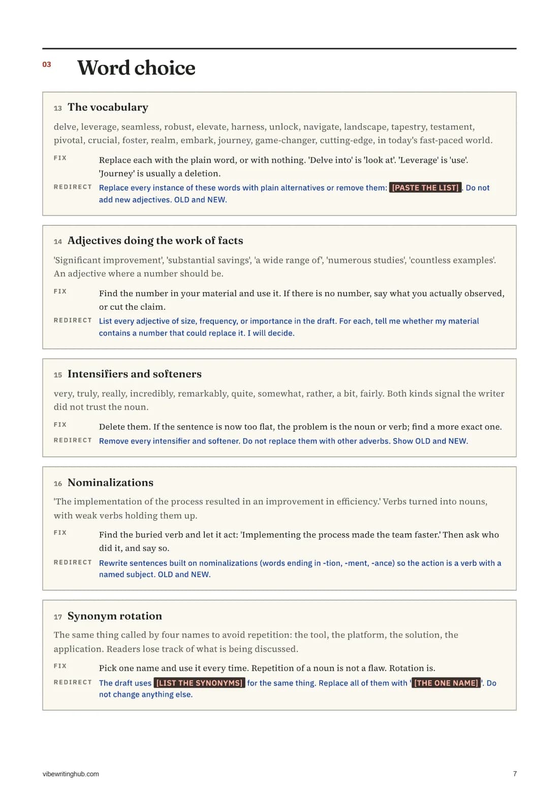 Page of numbered tells about word choice with fixes and redirect prompts
