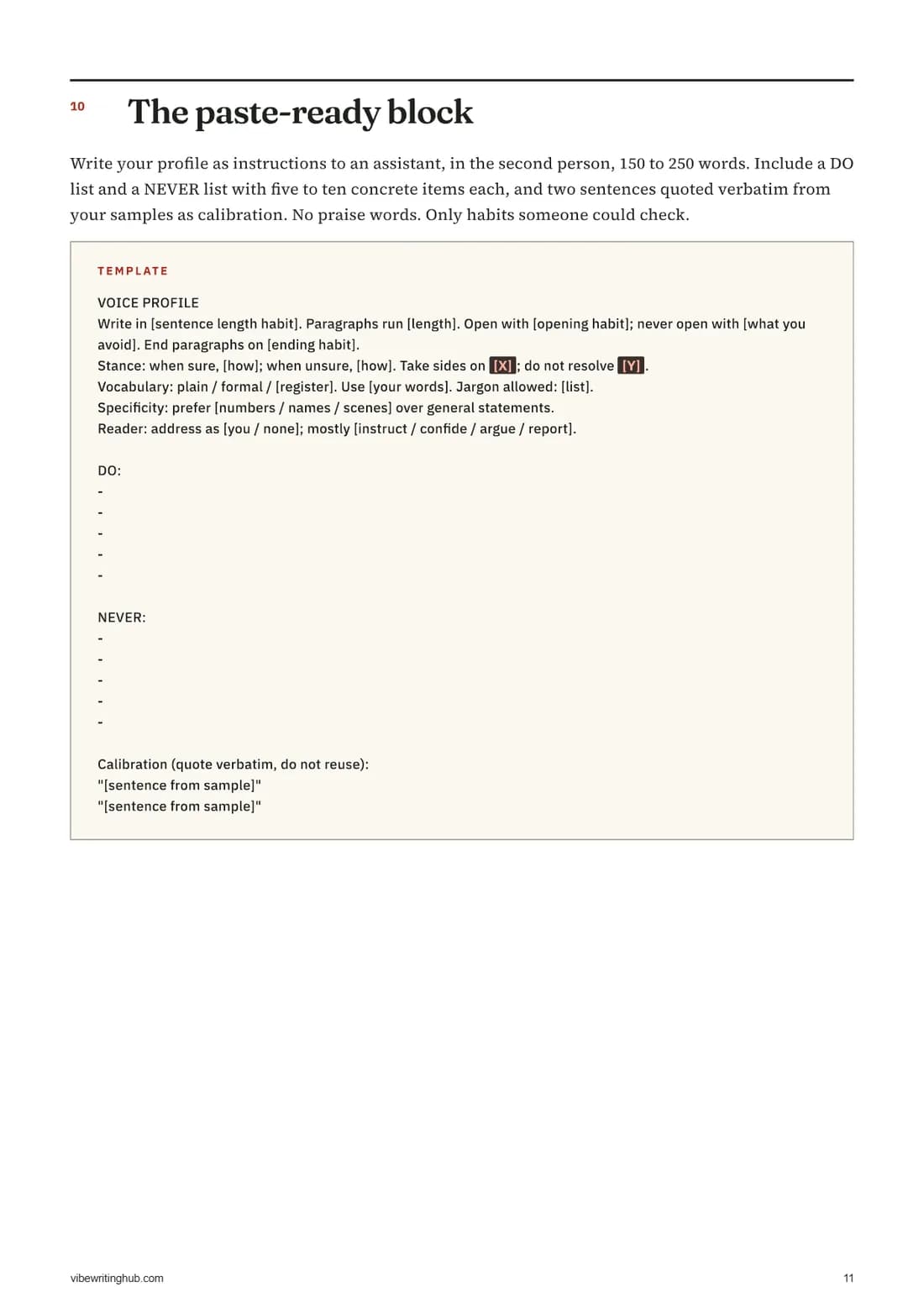 Page showing a fill-in template for a voice profile with DO and NEVER lists