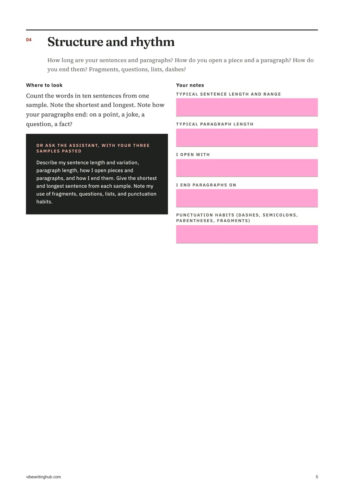 Worksheet page for the Structure and rhythm dimension with lined note fields